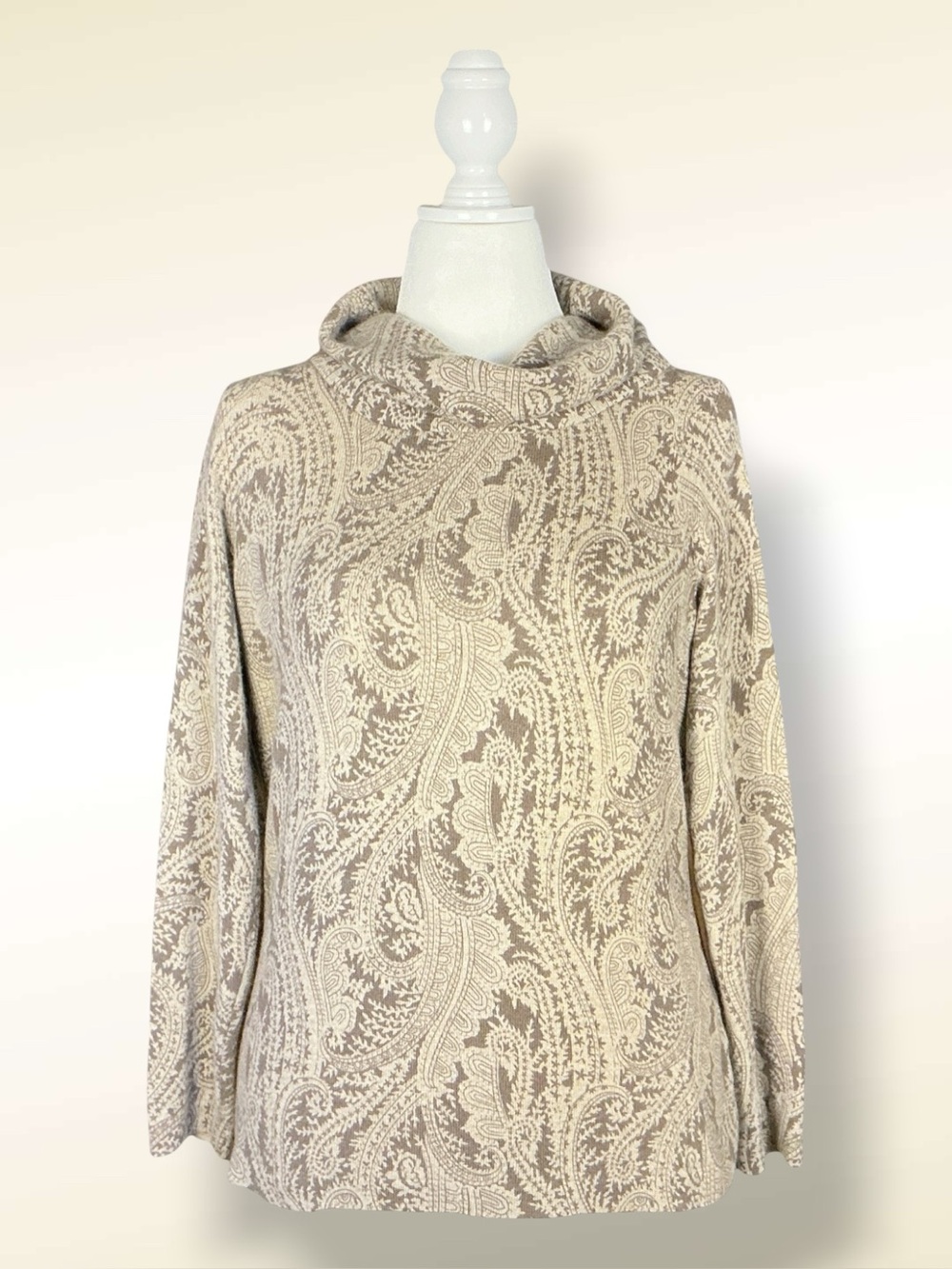 Jones New York Sweater Tan Brown 100% Cashmere Paisley Cowl Neck Quiet Luxury XL
